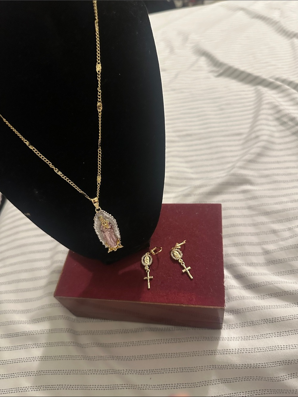 Gold-Tone Virgin Mary Pendant Necklace and Cross Drop Earrings - Pink Accents
